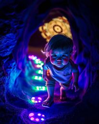A captivating image depicting a child with rosy cheeks and bright eyes embarking on an adventure into a dark cave, guided by 