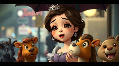 A captivating image showcasing a princess with delicate features and fair skin, singing harmoniously with forest animals. Thi