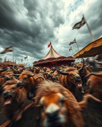 Experience a chilling scene of a carnival overtaken by wild animals, depicted in dynamic motion with intense weather. Stormy 