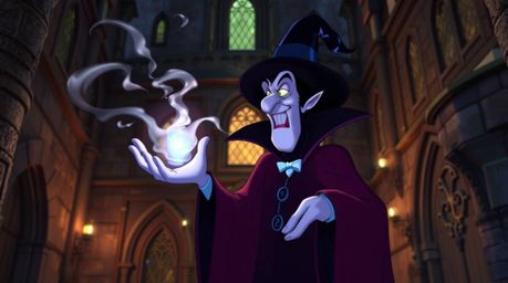 A captivating high-resolution stock photo depicts a classic Disney villain casting a spell within the walls of an ancient cas