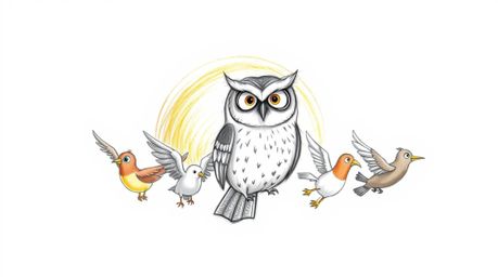 A charming hand-drawn sketch in the style of Pixar depicts a wise, kind blind owl leading a diverse classroom of birds in fli