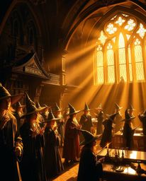 A magical school awash in warm golden light, populated by young wizards, is captured in a stunning chiaroscuro style. Strong 