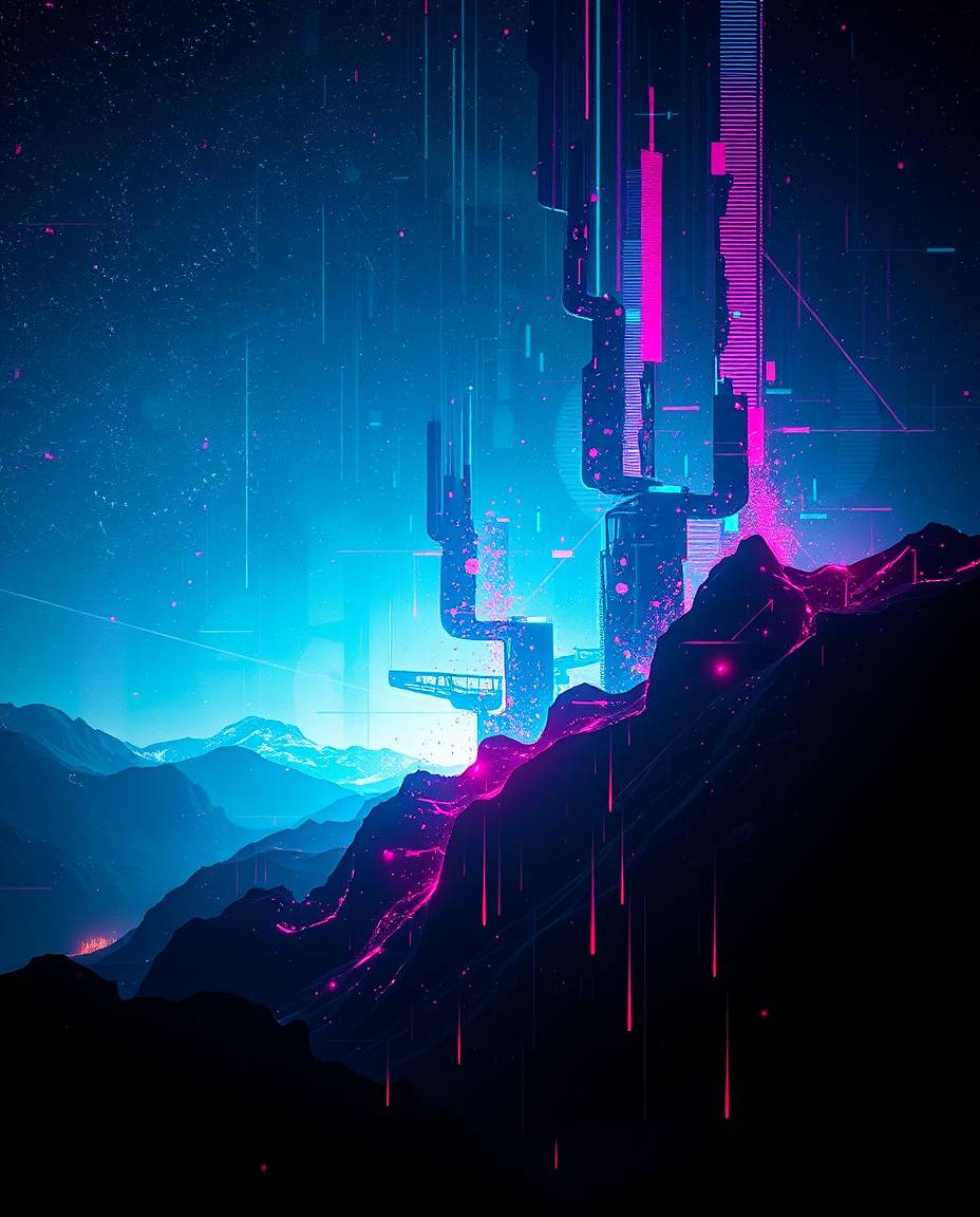 Explore a dramatic cinematic landscape featuring a digital glitch effect where the scene is breaking apart, revealing glowing