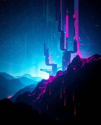 Explore a dramatic cinematic landscape featuring a digital glitch effect where the scene is breaking apart, revealing glowing