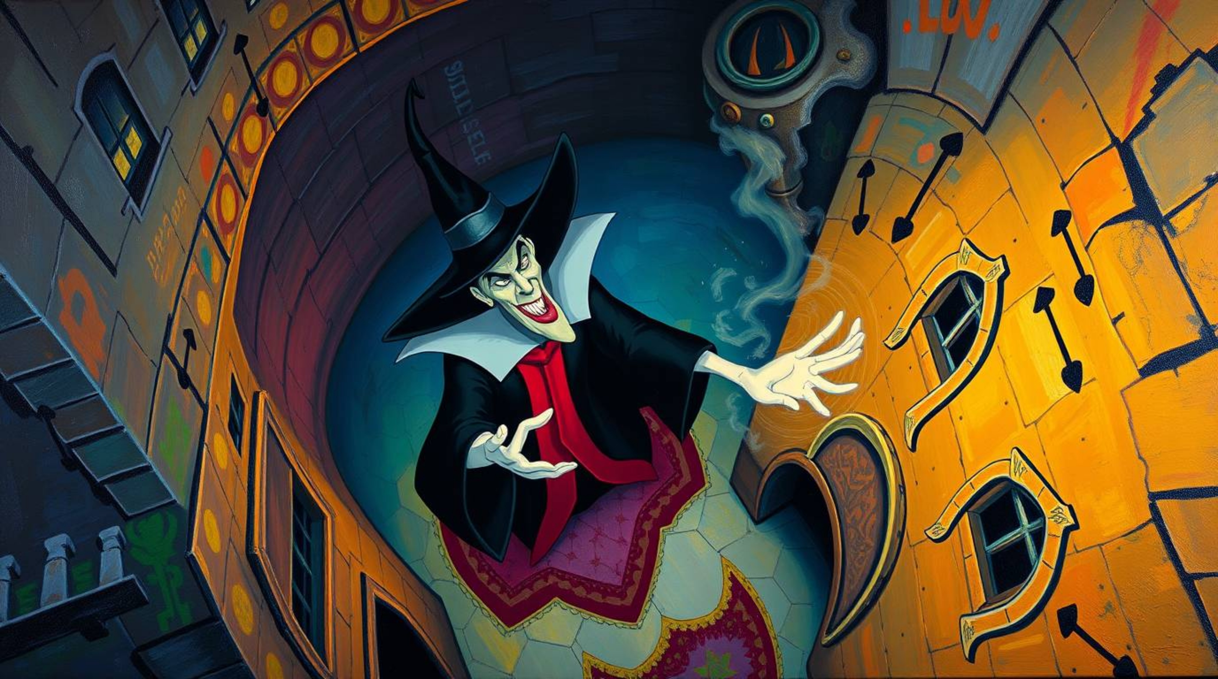 A captivating acrylic painting showcases a classic Disney villain casting a spell within a vibrant, textured old castle. The
