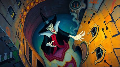 A captivating acrylic painting showcases a classic Disney villain casting a spell within a vibrant, textured old castle. The