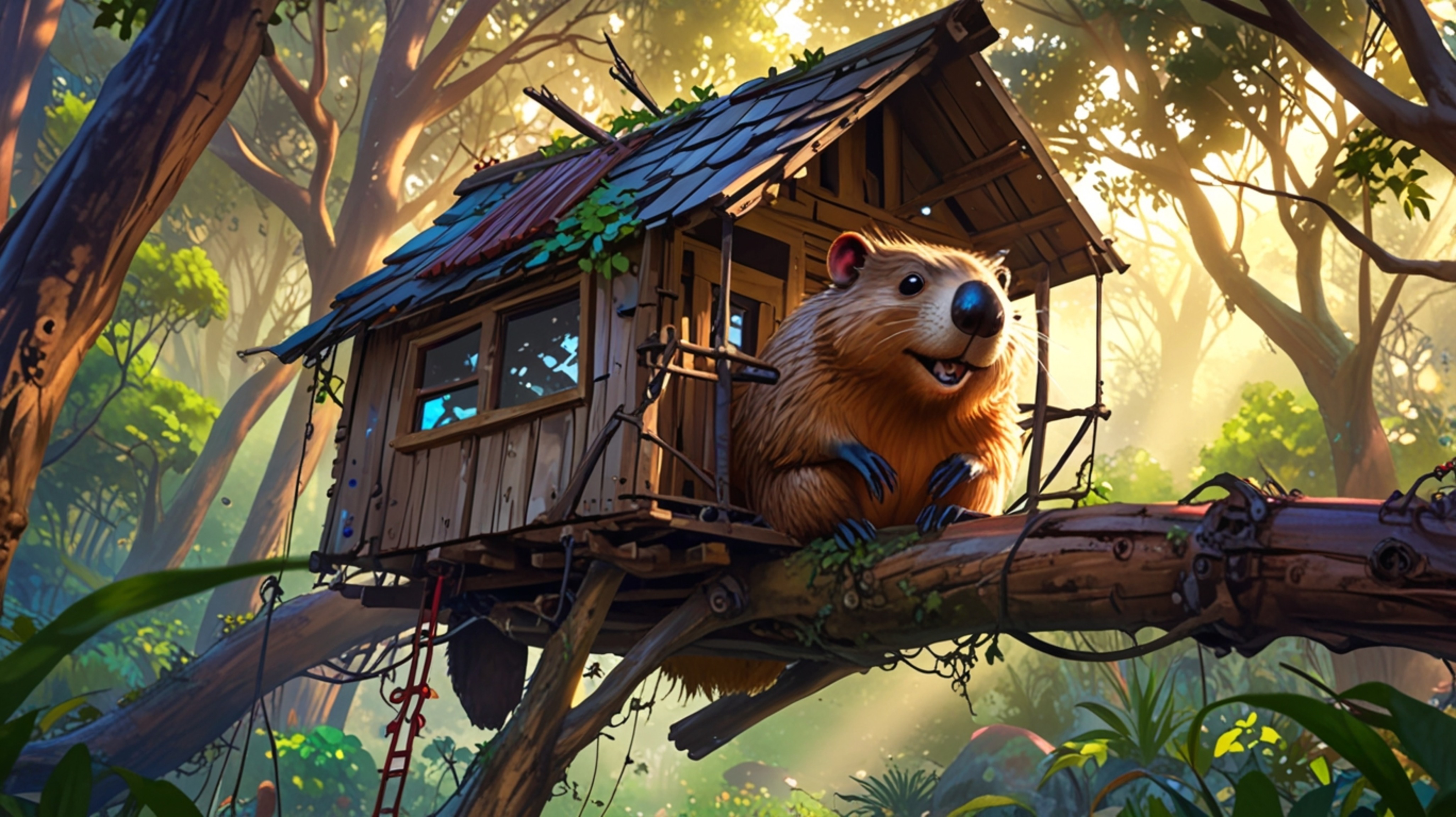 In a heartwarming scene blending Pixar and anime styles, a beaver is depicted by the perfect treehouse it built for orphaned 