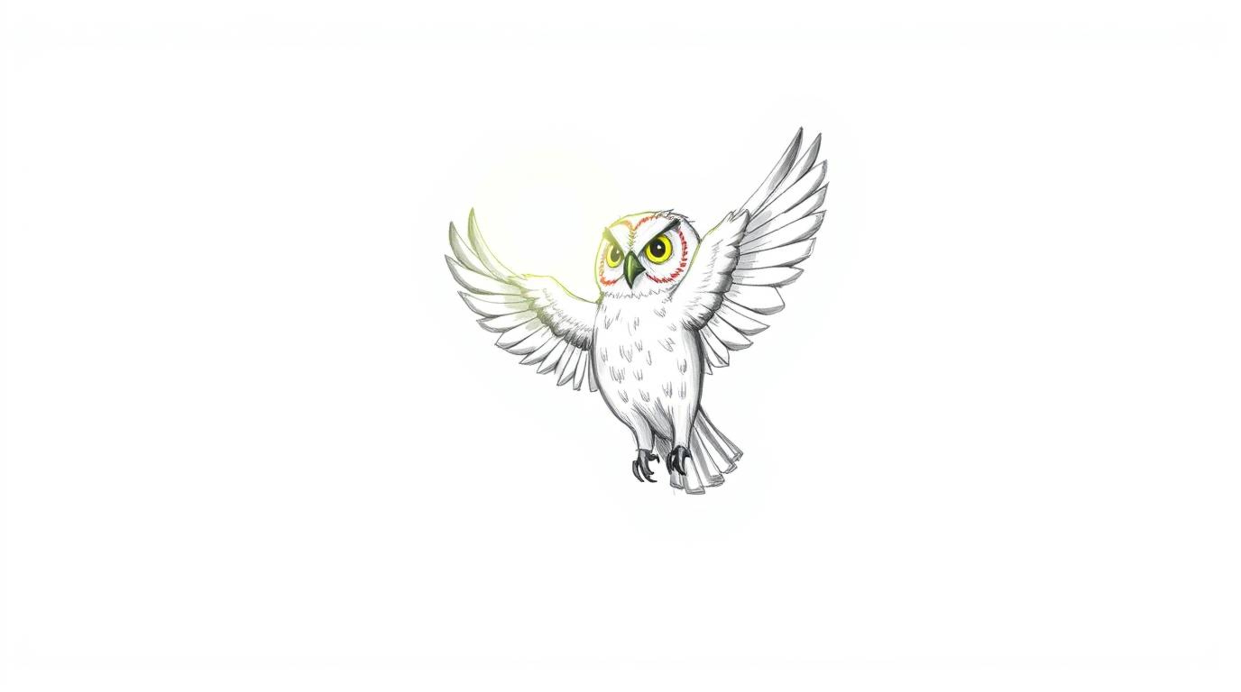 A captivating hand-drawn sketch in Pixar style depicts a blind owl with radiant, glowing feathers bathed in a warm sunbeam.  