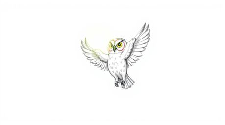 A captivating hand-drawn sketch in Pixar style depicts a blind owl with radiant, glowing feathers bathed in a warm sunbeam.  