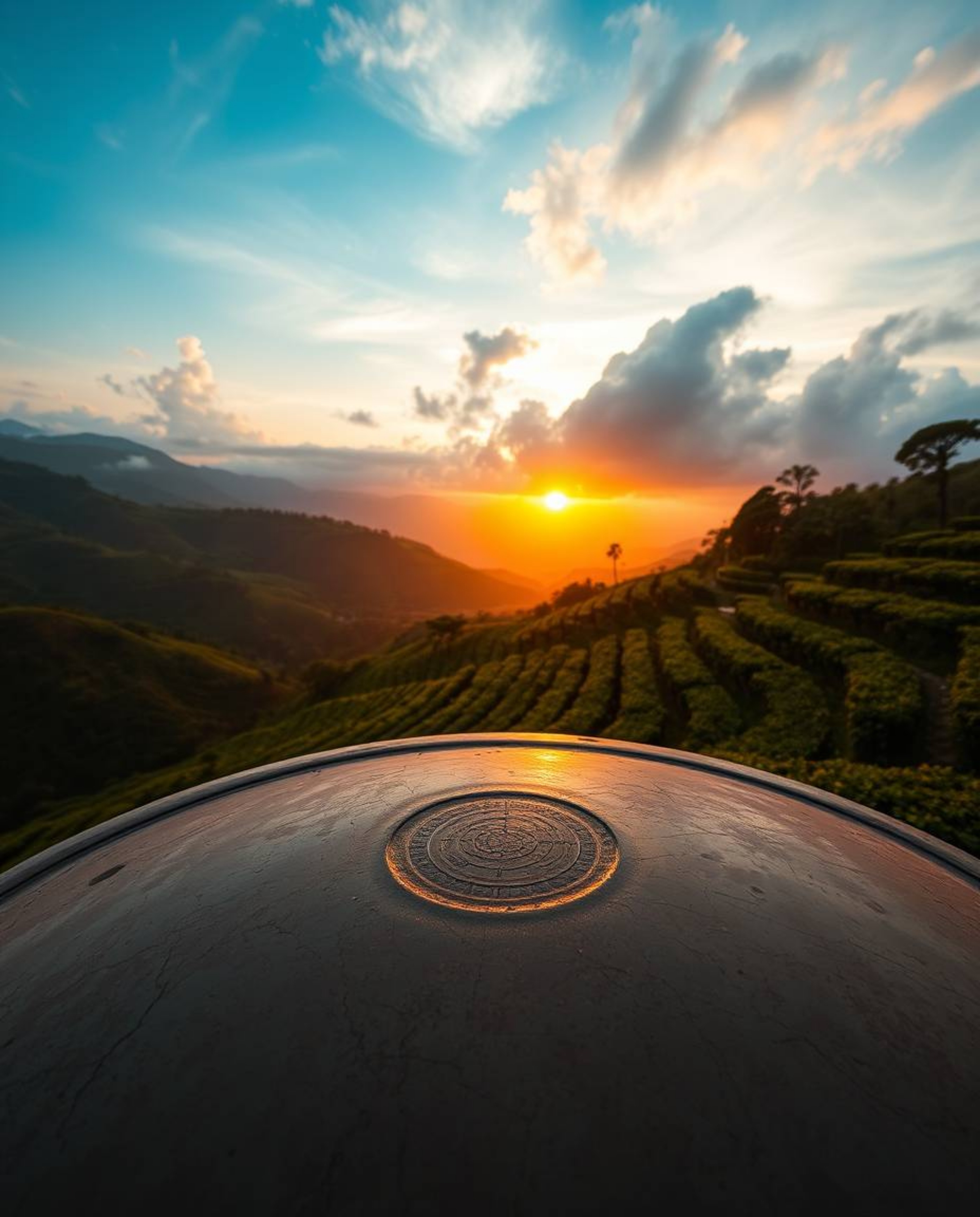 This artwork presents a high-angle perspective of a sunset over terraced tea plantations, skillfully rendered on a cast bronz