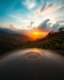 This artwork presents a high-angle perspective of a sunset over terraced tea plantations, skillfully rendered on a cast bronz