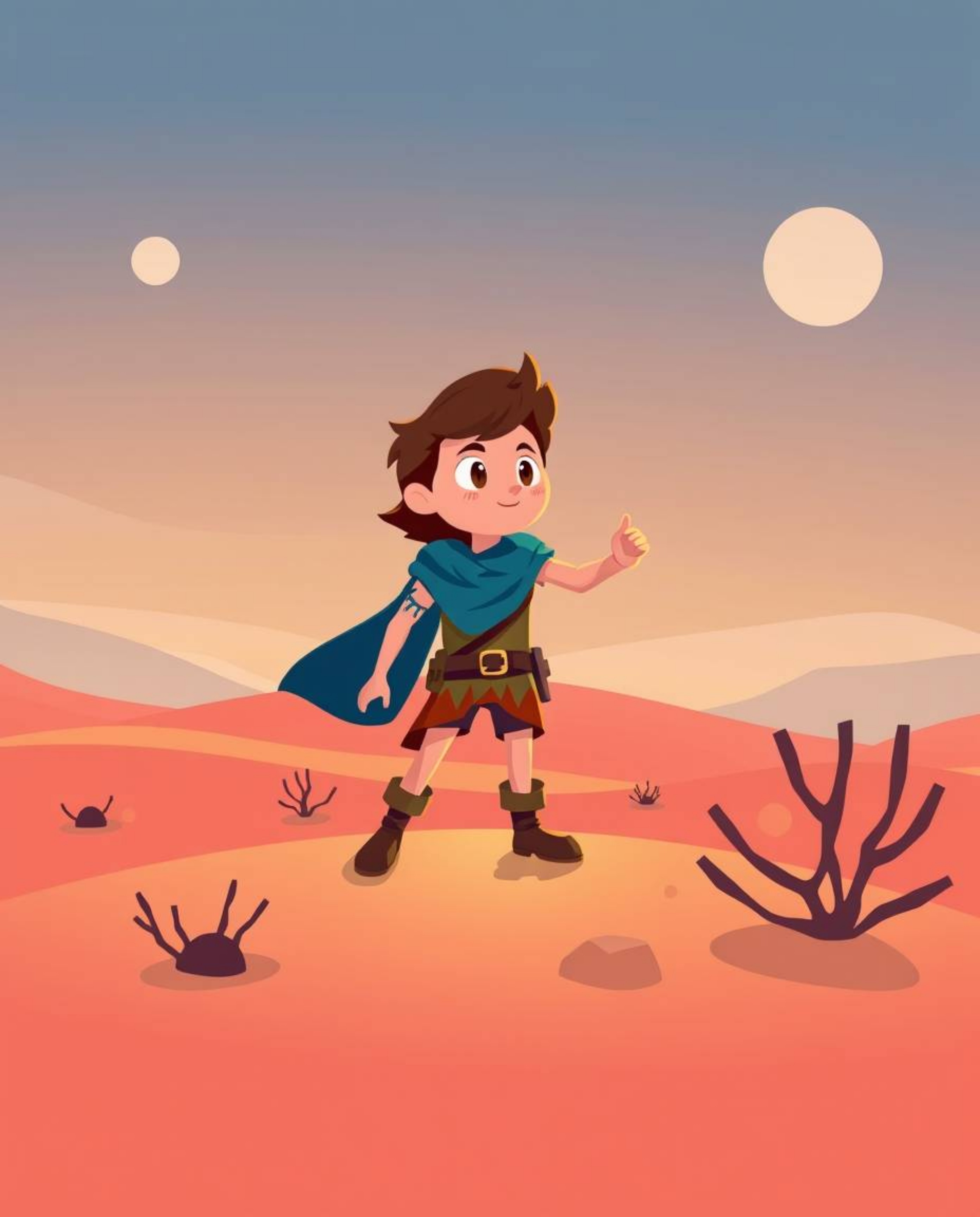 A captivating flat design illustration depicts a brave Disney-style hero embarking on a thrilling desert adventure.  The imag