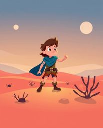 A captivating flat design illustration depicts a brave Disney-style hero embarking on a thrilling desert adventure.  The imag