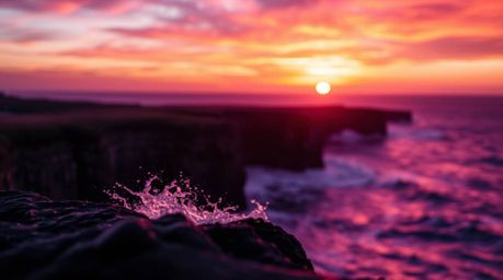 A breathtaking image depicts deep ultraviolet hues and a blurred bokeh effect, showcasing powerful waves crashing against dra