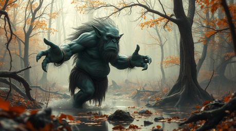 Witness a captivating scene: a futuristic sci-fi ogre, rendered in warm autumnal colors, gracefully dances within a swamp. Th