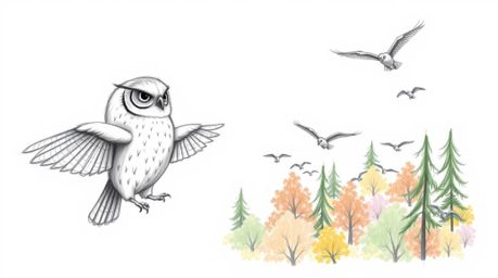 A charming hand-drawn sketch depicts a blind owl, rendered in the style of Pixar, meticulously detailed with soft feathers.  