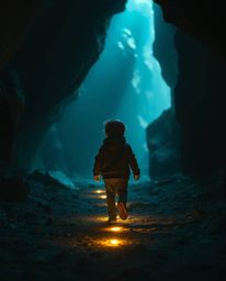A captivating high-resolution stock photo showcasing a child venturing into a cave, guided by glowing footsteps. The image fe