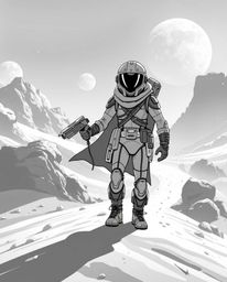 A classic black and white image showcases a brave, Disney-style hero embarking on a futuristic sci-fi desert adventure.  Adva