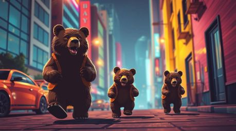 A captivating image depicts a bear family's unexpected urban exploration. The scene is dramatically lit with contrasting and