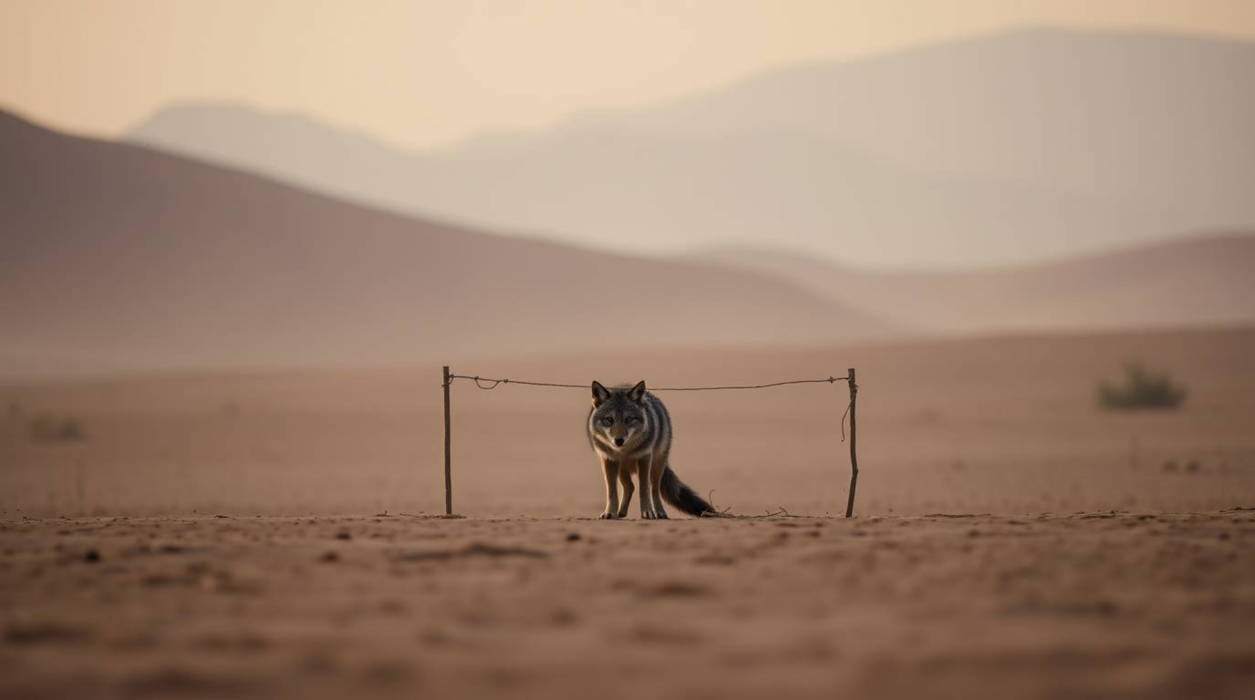 A captivating cinematic desert scene unfolds with a dreamy soft focus and a hazy background, showcasing a smooth color gradie