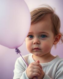 A heartwarming image of a child with delicate features gently holding a lavender balloon. The soft cinematic haze, pastel col