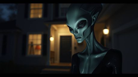 This image captures a graceful and elegant alien with refined features, living a seemingly ordinary life in a suburban house.