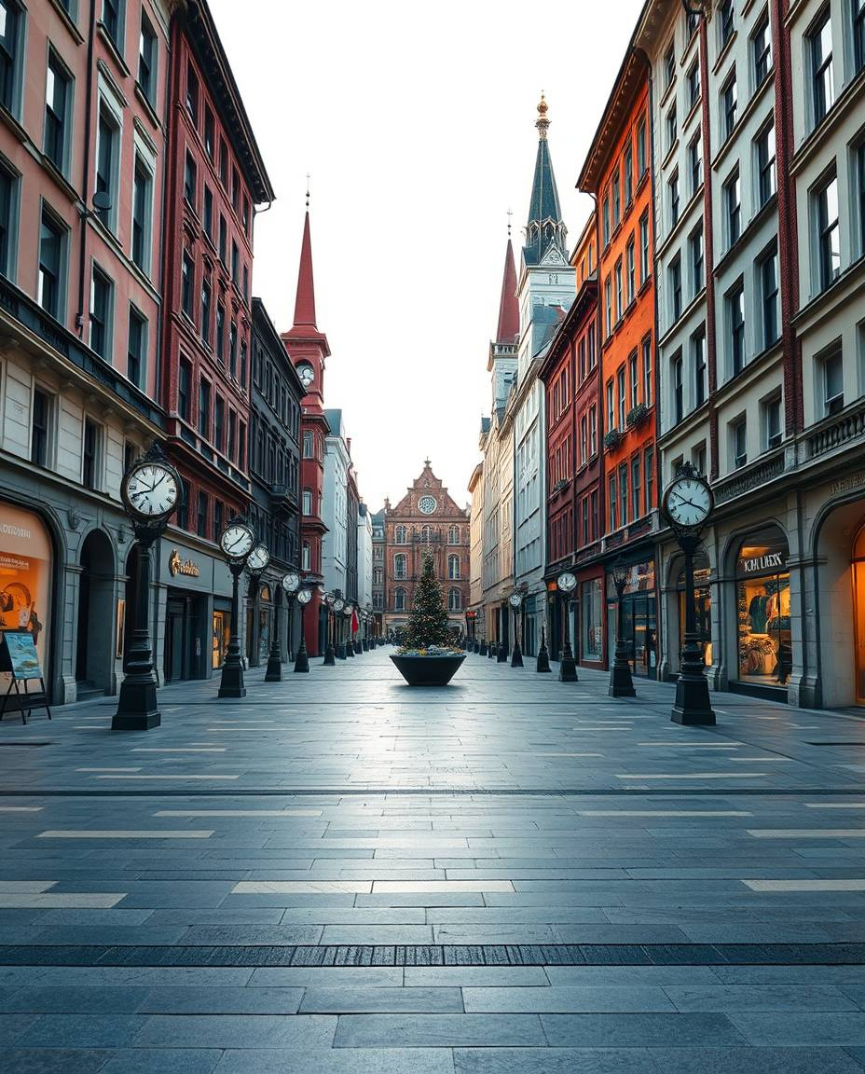 This captivating design showcases an empty town square with the intriguing sound of ticking clocks, blending elegant and grac