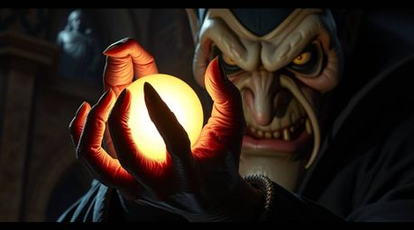 An extreme macro close-up captures the mesmerizing details of a classic Disney villain casting a spell within the depths of a