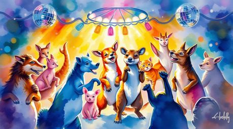 A captivating watercolor painting depicts a joyful animal dance party bathed in the glow of disco lights.  The translucent wa