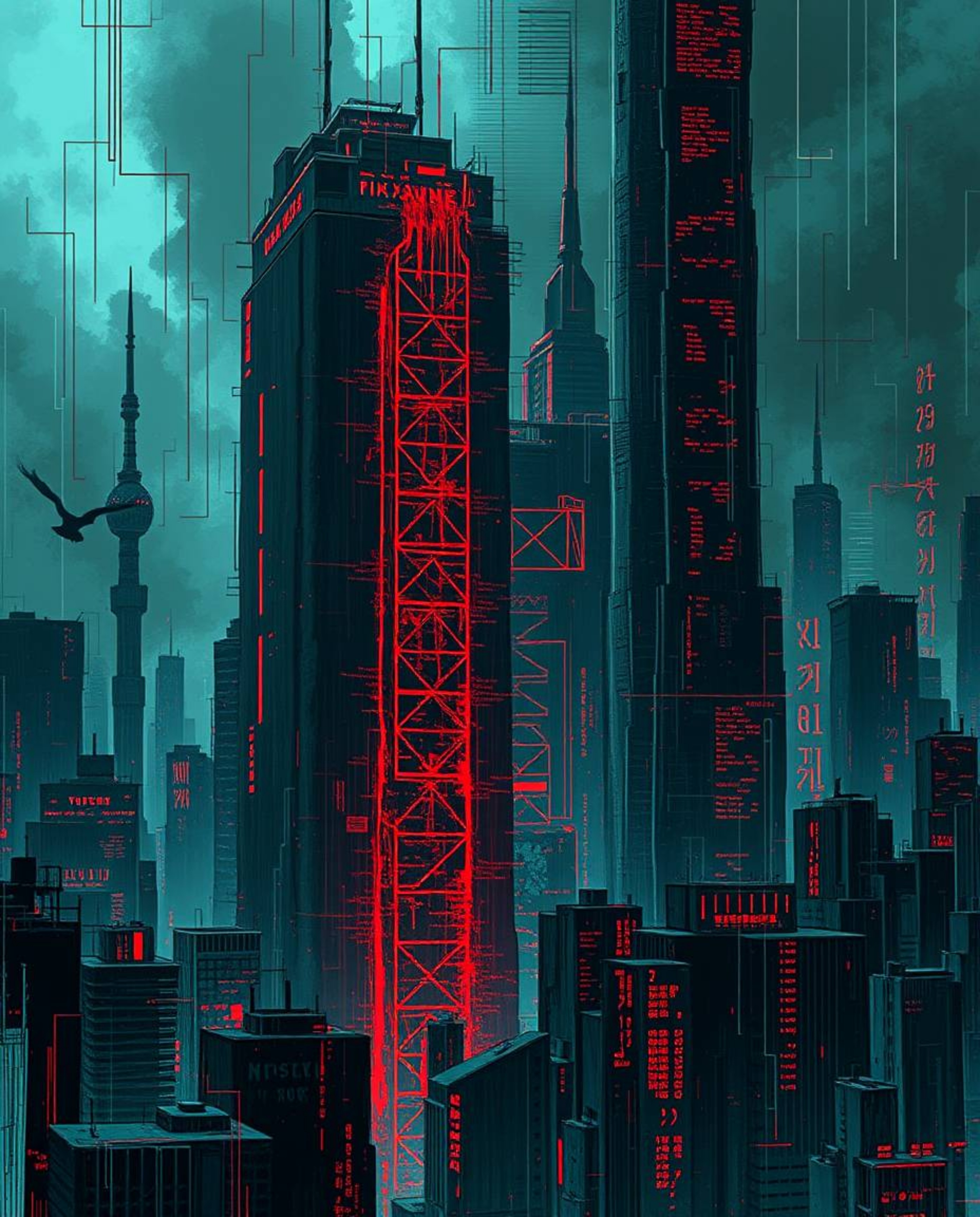 An eerie, creepy Isekai anime-style illustration showcases a glitchy digital landscape. Distorted skyscrapers pierce a sky fi
