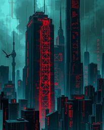 An eerie, creepy Isekai anime-style illustration showcases a glitchy digital landscape. Distorted skyscrapers pierce a sky fi