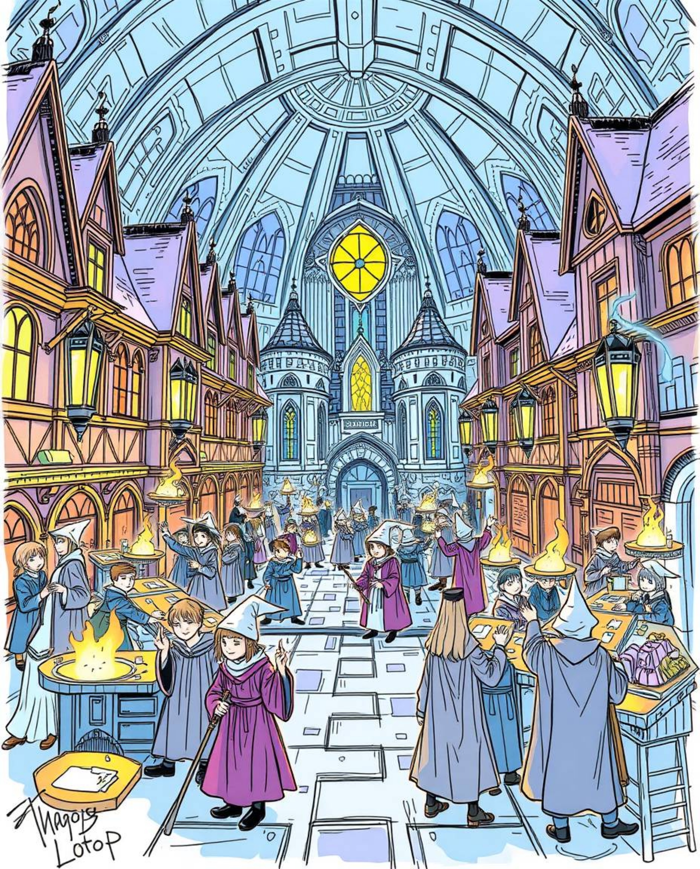 Explore an epic hand-drawn sketch of a magical school brimming with young wizards in a modern future setting. This massive-sc