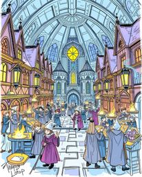 Explore an epic hand-drawn sketch of a magical school brimming with young wizards in a modern future setting. This massive-sc