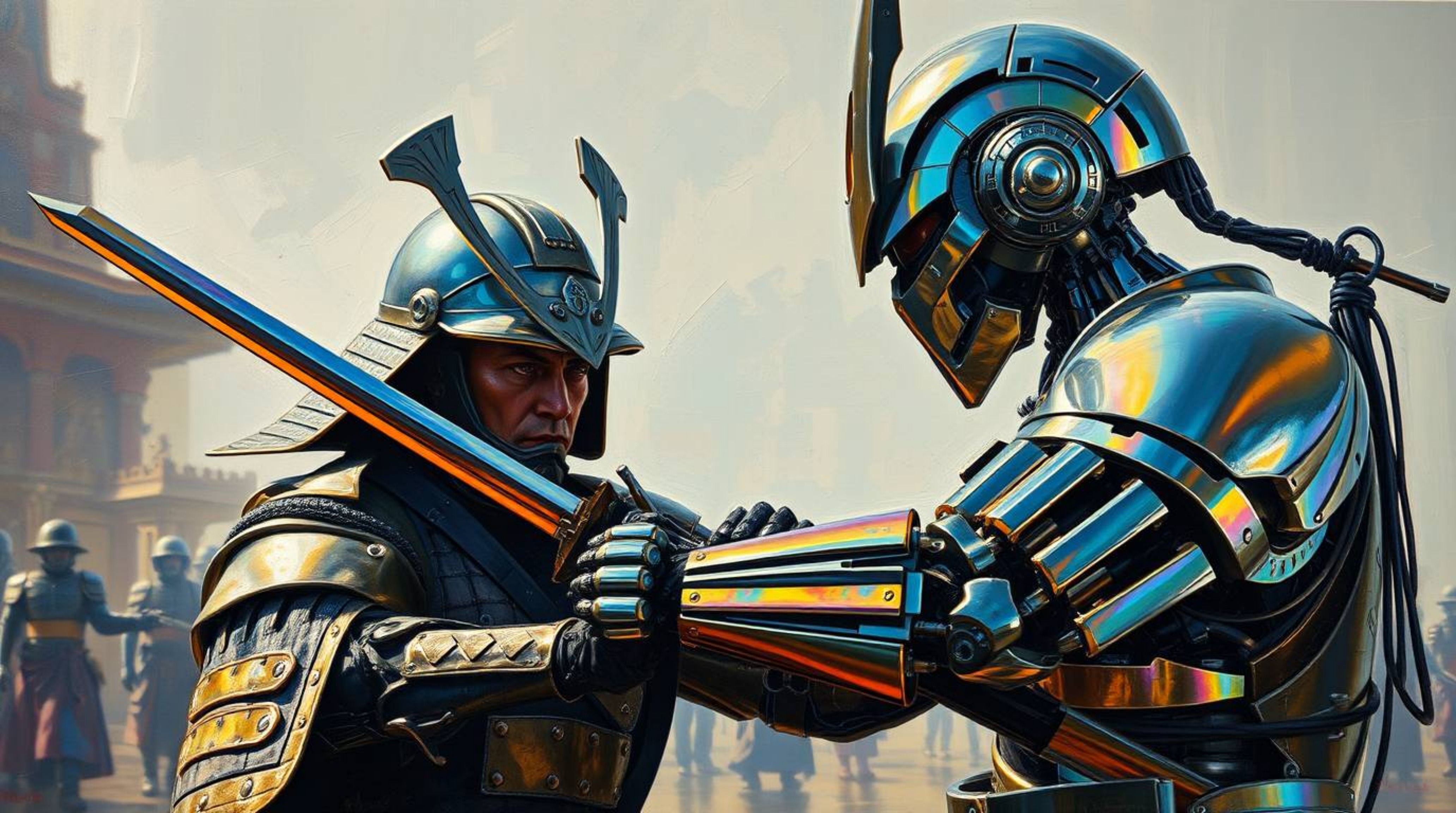 Witness a stunning iridescent oil painting depicting a fierce battle between a sharp-featured samurai with olive skin and an 