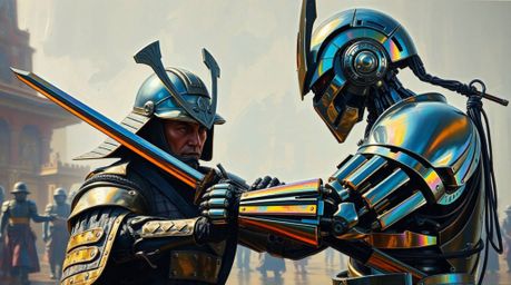 Witness a stunning iridescent oil painting depicting a fierce battle between a sharp-featured samurai with olive skin and an