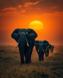 High-resolution stock photo: Eerie, creepy atmosphere with a warm golden glow depicts elephants traversing a sunset field. Da