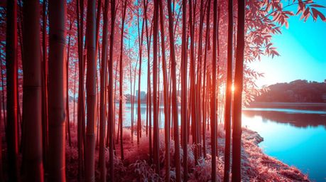A captivating surreal infrared photograph depicts a bamboo forest bathed in the warm glow of a sunset.  The image showcases t
