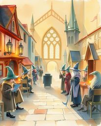 A delicate watercolor painting depicts a magical school filled with young wizards, bathed in the warm glow of golden hour lig