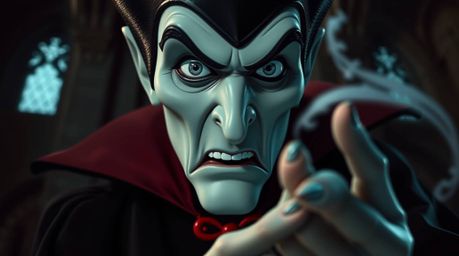 An extreme macro close-up of a classic Disney villain, their sharp features and pale skin highlighted by intense jet black ey