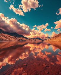 A vibrant, high-contrast image captures the stunning reflections of fiery clouds in a mountain lake. The scene is illuminated