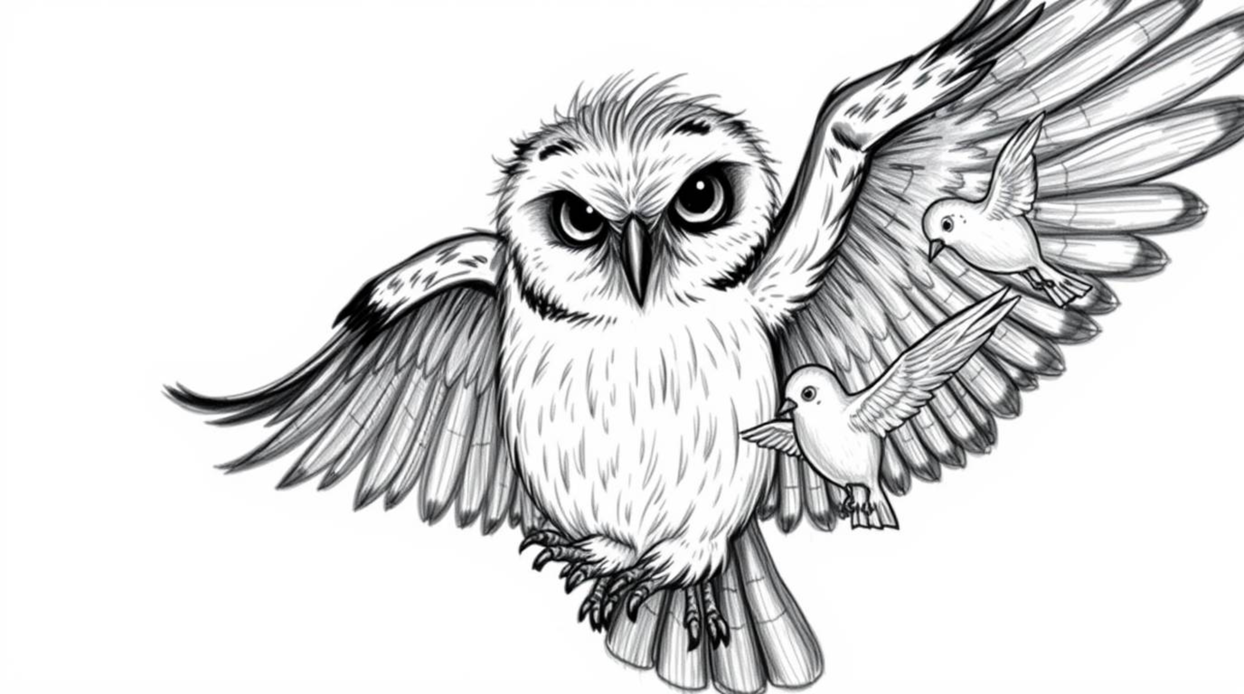 A heartwarming illustration in a Pixar-esque style depicts a blind owl, rendered with textured pencil strokes, imparting its 