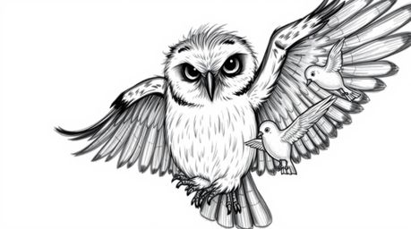 A heartwarming illustration in a Pixar-esque style depicts a blind owl, rendered with textured pencil strokes, imparting its 