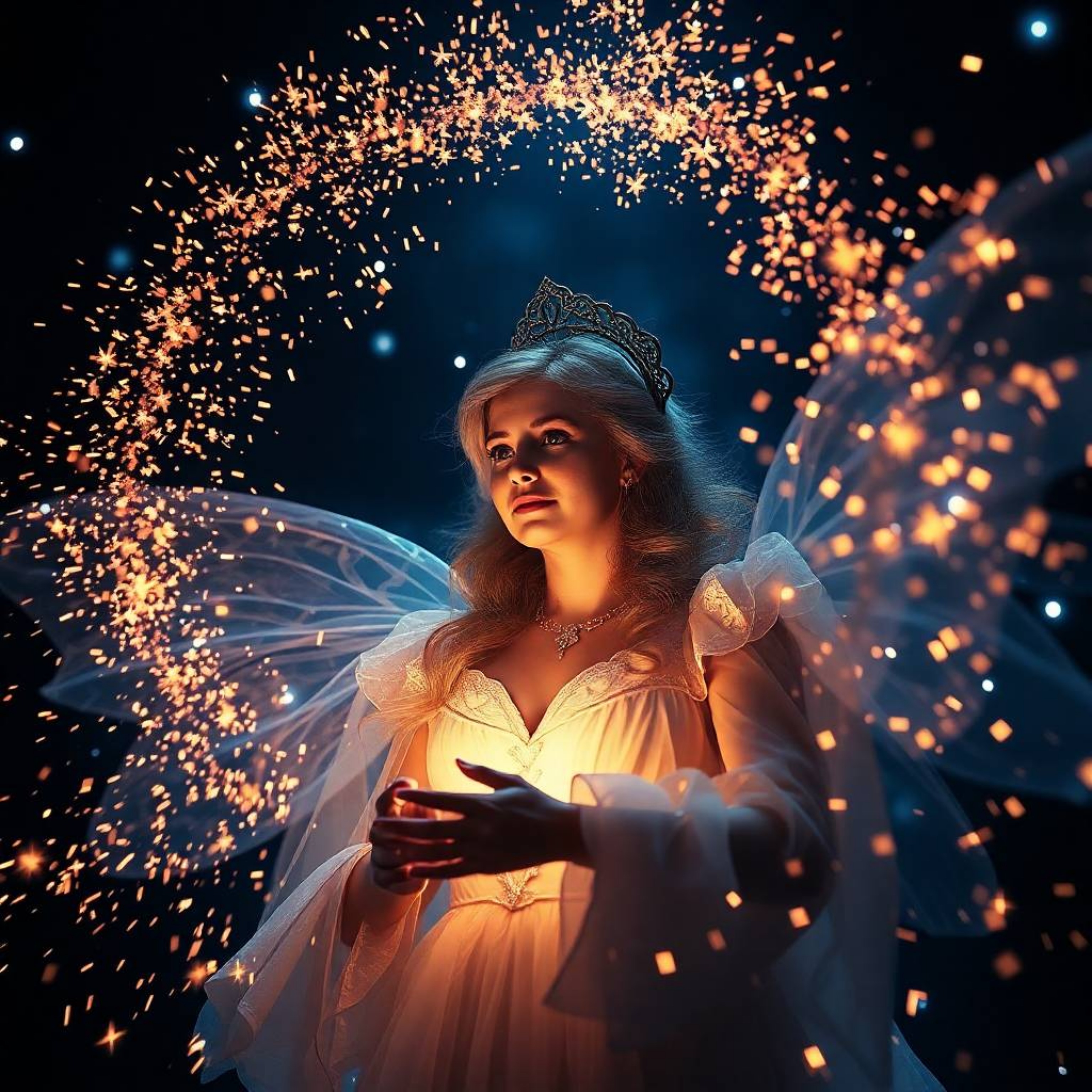 A captivating cinematic light art piece depicts a fairy godmother magically emerging from a swirling vortex of sparkles. The