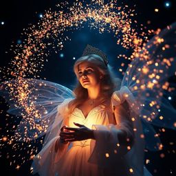 A captivating cinematic light art piece depicts a fairy godmother magically emerging from a swirling vortex of sparkles. The