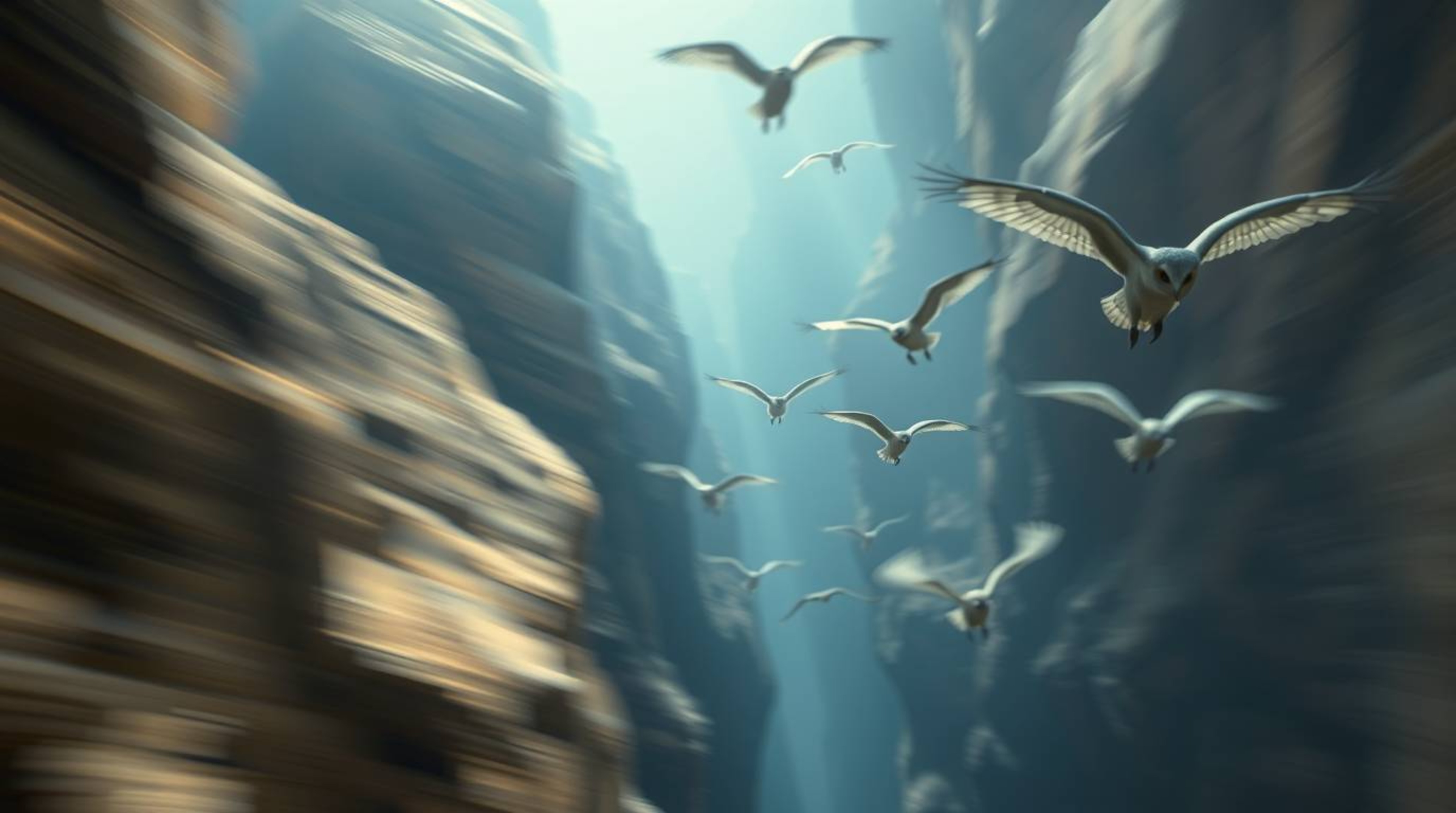 This ethereal long exposure photograph captures a wise, blind owl, rendered in a heartwarming Pixar style, as it leads a flig