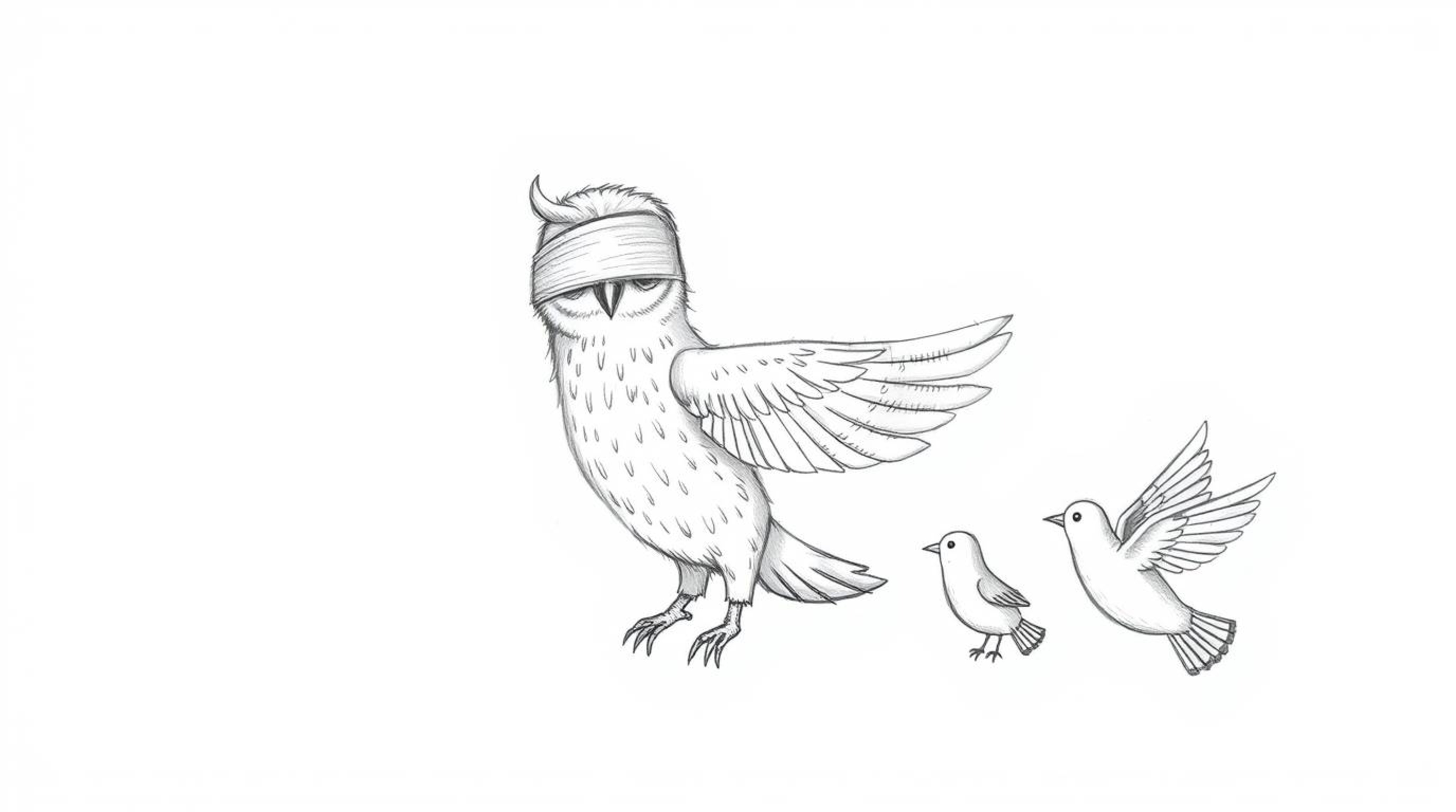 A whimsical, hand-drawn sketch portrays a blind owl in a Pixar-esque style, patiently guiding fledgling birds in flight. The 