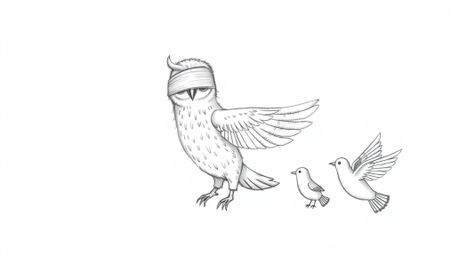 A whimsical, hand-drawn sketch portrays a blind owl in a Pixar-esque style, patiently guiding fledgling birds in flight. The 