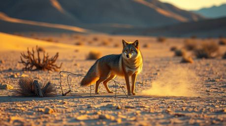 A whimsical scene unfolds in the desert, where a coyote is diligently constructing a ludicrous trap. The environment is bathe