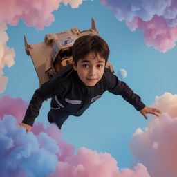 A captivating high-fashion photography piece depicts a young boy with bright eyes, wearing a sleek black jumpsuit, piloting a