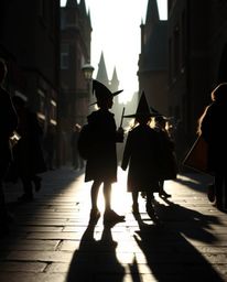 A captivating street photography image capturing the magic of young wizards at their school. Silhouetted against vibrant urba